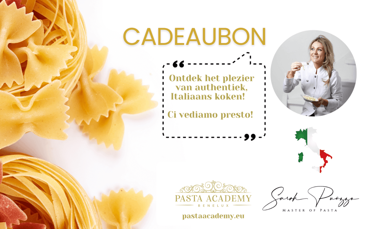 Een cadeaubon met pasta erop en een foto van Sarah Puozzo